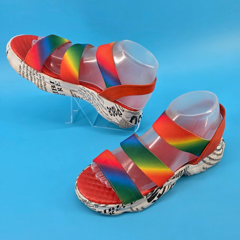 Rouge‎ Helium Rainbow Elastic Strap Newsprint Platform Sandals Red Womens 37.5